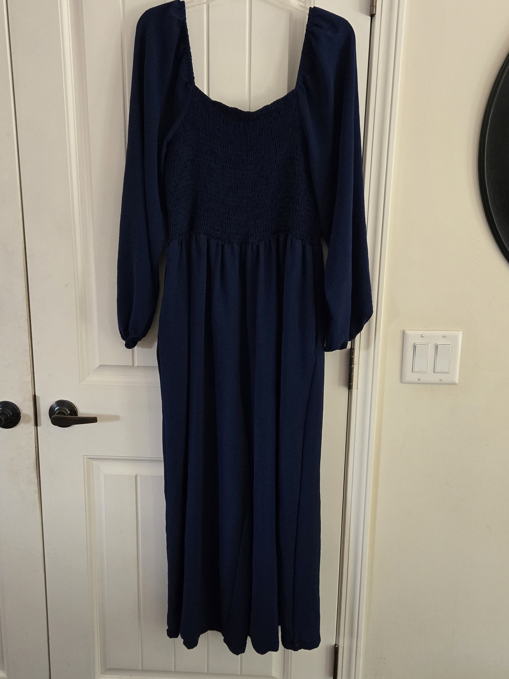 Navy Blue Boho Smocked Square Neck Wide Leg Jumpsuit Romper 2X
